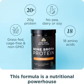 Ancient Nutrition Grass Fed, Cage Free, Bone Broth Protein Powder, 20g Protein, Hydrolyzed Collagen Peptides, Keto & Paleo Friendly, Supports Joint & Gut Health, Turmeric, 20 Servings