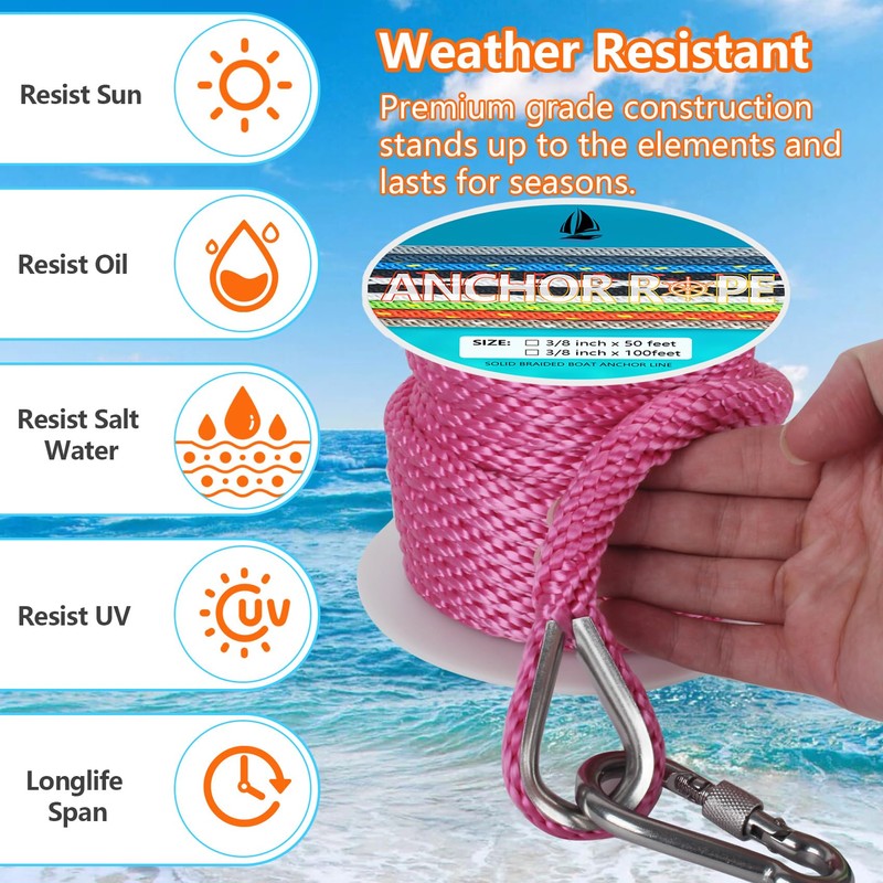 3/8 Inch 50 FT Anchor Rope, Boat Anchor Rope Solid