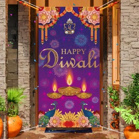 Diwali Door Cover Decorations,Happy Diwali Banner Door Sign Indian Peacock Photo Backdrop Deepawali Festival of Lights Hanging Banner Indian Decorations for Home 185×90cm