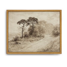 Roslynity Framed Canvas Wall Art Vintage Print Moody Country Landscape Neutral Rustic Tree Winding Road Sketch Retro Aesthetic Artwork for Home Living Room Bathroom Wall Decor (8"x10")