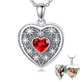 Ndocex Heart Locket Necklace 925 Sterling Silver Holds Pictures Photo Locket Vintage Ruby Necklace for Women Mother Family Her