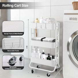 Slim 3-Tier Rolling Utility Cart, Narrow Metal Storage Cart with Wheels, Multifunctional Organizer Cart, Bathroom Storage Cart with Extra Hook, Laundry Room, Kitchen, Small Space, Bedroom,(White)
