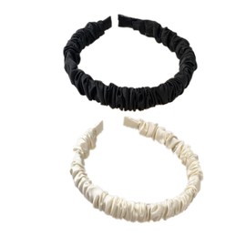YOEMAYUNER 2PCs Ruched Headbands Solid Color Headbands for Women Ruched Thin Headband Satin Pleated Headband Hair Accessories for Washing Face (white+black, one size fits most)