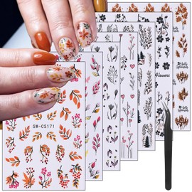 7sheets 3D Fall Nail Stickers for Nail Art Self Adhesive Maple Leaf Nail Art Stickers with Tweezers Flowers Grass Heart Leaf Tree Nail Decals Autumn Acrylic Nail Design Stickers for Women Girl