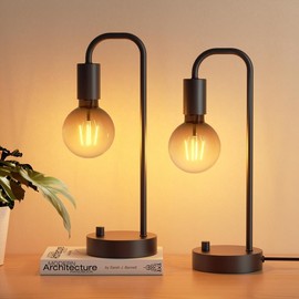 ONEWISH Industrial Table Lamp for Bedroom, Fully Dimmable Modern Bedside Lamps with 2700K Warm Light Bulb for Kids Reading, Minimalist Nightstand Lamp - Colour: black_2packs(USB)