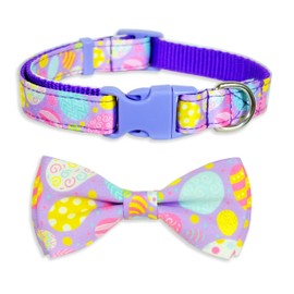 Easter Dog Bow Tie with Collar, Spring Holiday Purple Eggs Collar for Boys and Girls Large Medium Pets Puppies (Easter Day, Medium-(12.5-20") Neck * 3/4" Wide)
