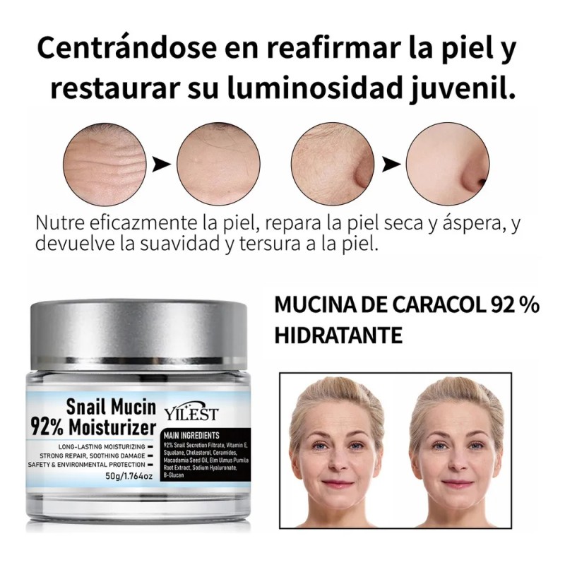 Crema Facial Hidratante YILEST 92% Baba de Caracol Antiarrugas Día
