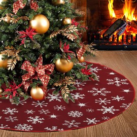 Snowflakes Christmas Tree Skirt, Red Tree Skirt Xmas Thick Skirt for Holiday Party Christmas Tree Decorations Indoor Outdoor 48 Inches(120cm)