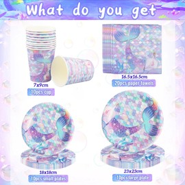 50 Piece Mermaid Party Tableware Set, Mermaid Birthday Decoration for 10 Guests, Party Accessories Supplies, with Birthday Party Decoration Plates, Napkins, Cups Party Decoration