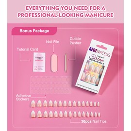 Aegenacess Press On Nails Short - Pink and White Ombre Press on Nails Almond Short Stick On Nails in 15 Sizes, 30Pcs Fake Nail Kit for Women