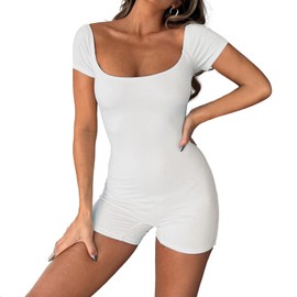 RoomTour Women's Jumpsuit Short Sleeve Square Neck Bodycon Yoga Training Romper Workout Bodysuit, 1 white