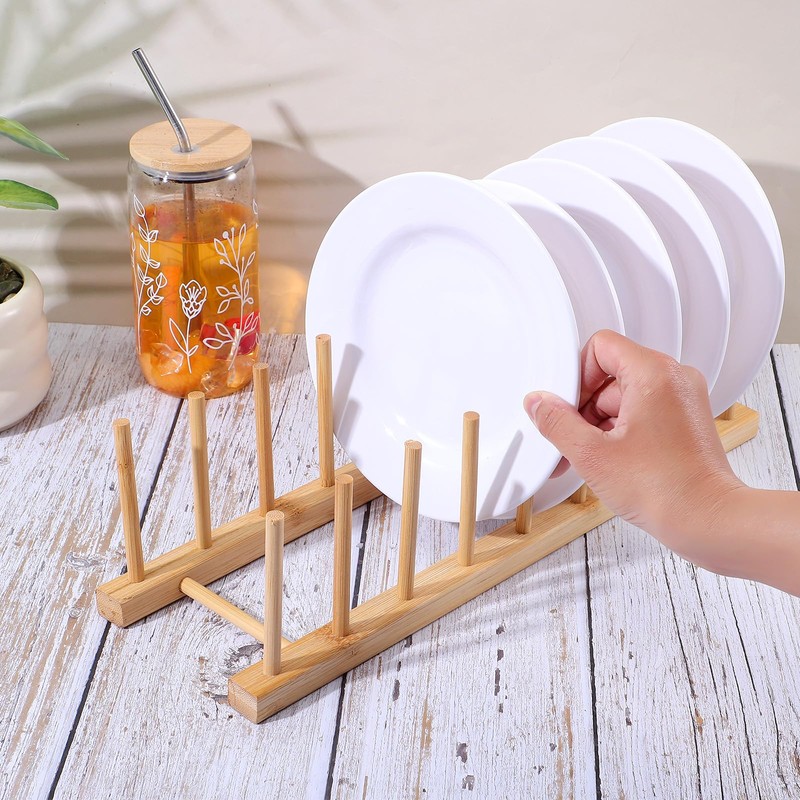 8-Slot Bamboo Wooden Plate Rack, Dish Drying Rack & Pot