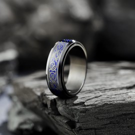 King Will 316L Stainless Steel Spinner Fidget Ring for Mens- 8mm Fidget Stress Relieving Anxiety Ring with Black Celtic Dragon Blue Carbon Fiber Inlay, Comfor Fit Wedding Band Ring Size 9