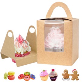 GUIFIER 30 Pieces Individual Cupcake Boxes with Window, Kraft Single Cupcake Boxes with Handle, Cupcake Carrier Bakey Treat Boxes Muffins Boxes for Baby Showers, Weddings, Birthday Parties (Brown)