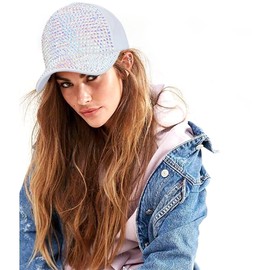 Wovanoo Studded Rhinestone Baseball Cap for Women Bling Denim Sun Hat Casual Adjustable Sports Cap AB White