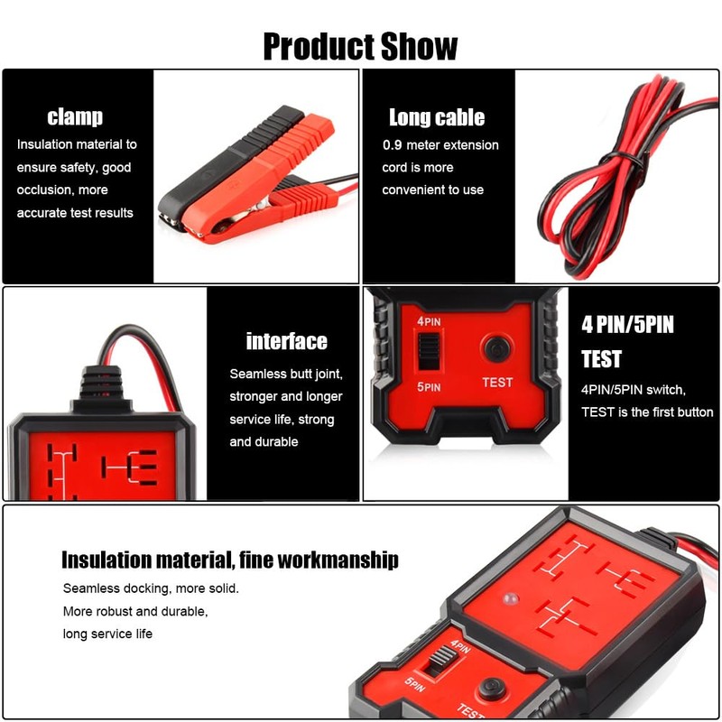 Greluma 1 Stück Auto-Relaistester,12V elektronischer Relaisprüfer,Autobatterietester mit Clips für automatische