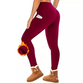 Women High Waist Thermal Leggings with Pocket Polyester Warm Winter Fleece Lined Yoga Workout Hiking Running Casual Leggings(Large/Extra Large, Wine)