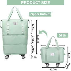 Rolling Duffle Bag with Wheels Expandable Foldable Duffle Bag with Wheels and Handle for Travel Rolling Luggage bag Carry on Duffel Bag Detachable Wheeles Travel Duffle Bag Large Weekend Bag (Green)