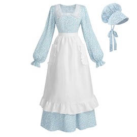 LTAKK Colonial Dress Women Pioneer Costume Pilgrim Prairie Dresses with Apron and Bonnet, Sky Blue, Large