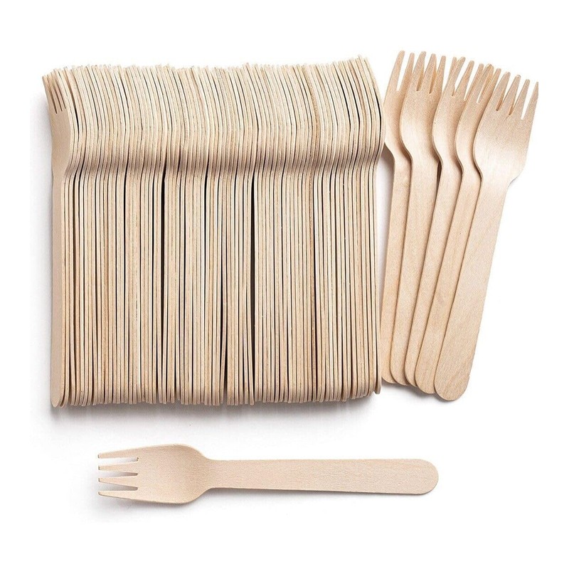 Efforias Pack of 100 Wooden Disposable Forks -Biodegradable & Plastic
