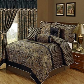 7 Piece Jacquard Gold Black Floral Comforter Set King Size Bedskirt, Beautiful Embroidered Geometric Pattern Royal Dramatic Theme Rich Luxury Bedding Elegant Comfortable Warm Soft Cozy Comfy Bed Decor