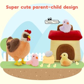 Tezituor 6 Pcs Chicken Stuffed Animals Set with Coop,14" Mother Hen with Baby Chicks&Egg Plush Toy,Soft Farm Animal Plushies for Toddlers Kids Home Farm Decor Easter Gifts