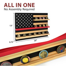 ASmilelndeep Challenge Coin Display with American Flag Design Large Size Holds 30 Coins, Wall Mount Solid Wood Military Coin Holder Display Stand Rack in Red