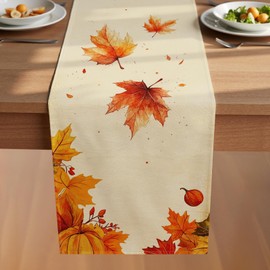 VIV CHERBL Fall Table Runner with Maple Leaves, Pumpkins,Thanksgiving harvests Farmhouse Style Autumn Table Decoration for ​Dining​ Party and Home ​Decor,72x13 ​inches​