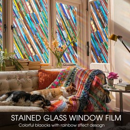 Coavas Stained Glass Window Film: Upgrade 3D Rainbow Window Clings Sun Blocking Privacy Window Film No Adhesive Bathroom Frosted Glass Decals Heat Control Vintage Prism Stickers 17 x 39.4 Inch