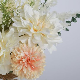 JARELING Silk Flowers with Vase, Artificial Flowers Arrangement with Glass Vase Faux Rose for Decoration Table Centerpiece (Dahlia White)