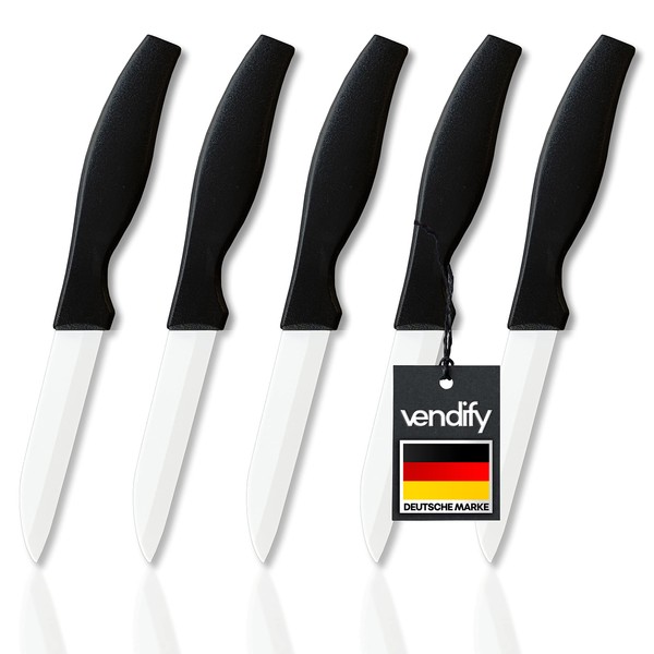 vendify® Set of 5 Ceramic Knives, High Quality, Very Sharp, 16.5 cm Long, Kitchen Knife with Ceramic Blade, Fruit Knife, Paring Knife, Chef's Knife Made of Ceramic