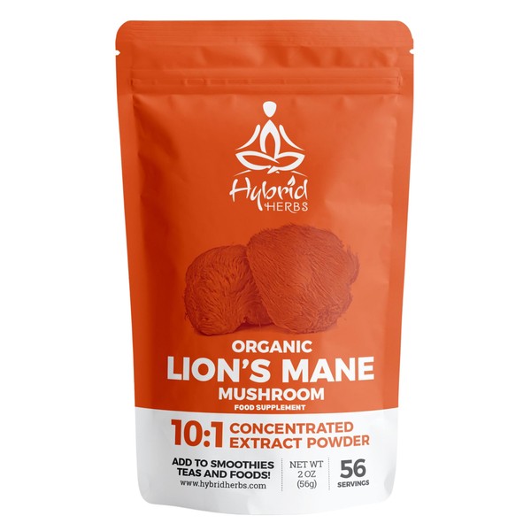 HYBRID HERBS – ORGANIC LIONS MANE MUSHROOM | 10:1 Extract Powder Lion’s Mane | Natural Nootropic Supplement for Focus, Concentration, Cognitive Brain Boost | Hericium Erinaceus | 56 Servings (56g)