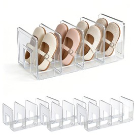 Kids Toddler Shoe Organizer Rack - Clear Acrylic Vertical Storage Bins, 4-Grid Adjustable Shoe Holder for Closet, Space-Saving Kids Shoe Shelf 4PC Desk File Sorter Book Purse Closet Organizer