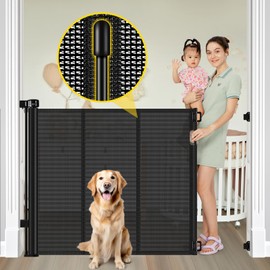 Reinforced 42” Extra Tall Retractable Baby Gates with Rods, Extends up to 60” Wide, Tall Retractable Dog Gate for Doorways Prevent Crawling Through Mesh Pet Gate Indoor Outdoor, Black