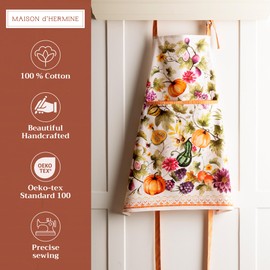 Maison d' Hermine Apron for women with Pocket 100% Cotton 27.50"x31.50" 1 Piece Adjustable Neck Strap & long ties Apron Men, Chef, Wedding, Cooking, Gardening, Waitress (Pumpkin Garden - Cloudy Cream)