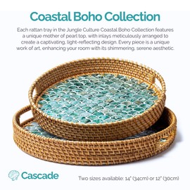 JUNGLE CULTURE Large Rattan Serving Tray 14" with Mother of Pearl Inlay • Coastal Boho Collection • Handcrafted Serving Tray with Handles • Round Woven Table Trays for Home • Wicker Basket – Cascade