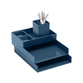 Poppin Super Stacked Desk Set - Slate Blue, Medium Accessory and Letter Tray, This + That Tray, Double Compartment Pen Cup and 6 Signature Ballpoint Pens, Complete Office Organizer Set