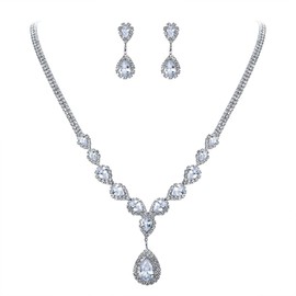 BriLove Wedding Jewellery Set for Women Bride, Bridal Teardrop Jewelry Y-Necklace Dangle Earrings with CZ Crystal Infinity Design Clear Silver-Tone