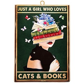KUSTOM ART Just a Girl Who Loves Cats & Books Vintage Wooden Picture