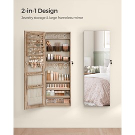 SONGMICS Mirror Jewelry Cabinet Armoire, Wall or Door Mounted Jewelry Storage Organizer, Hanging Lockable Frameless Mirror Cabinet with 2 Cosmetic Organizers, Christmas Gift Idea, Toasted Oak Color