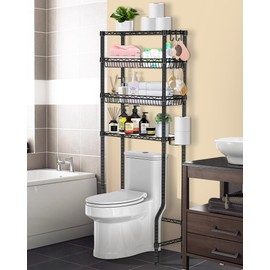 Folews Bathroom Organizer Over The Toilet Storage, 4-Tier Bathroom Shelves Over Toilet Shelf Above Toilet Storage Rack Freestanding Bathroom Space Saver Adjustable Shelves and Baskets, Black