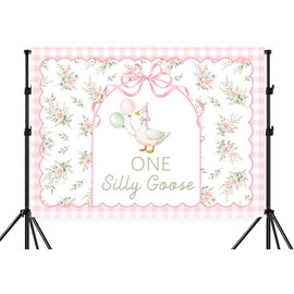 One Silly Goose Backdrop, 1st Birthday Party Banner, Pink Floral First Birthday Decoration, Watercolor Farm Animal Theme Photography Background,7X5FT,Pink