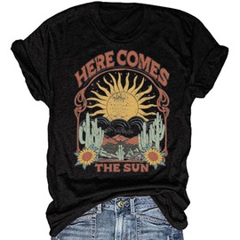 Women's Boho Floral T Shirt Summer Casual Here Comes The Sun Vintage Flowers Nature Graphic Tees Tops(E-54-Black,L)