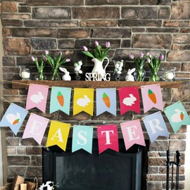 Jesiramoo Easter Decorations Garland Decor: Cute White Bunny Carrots Easter Mantel Garland, Pink Blue DIY Paper Rabbits Fireplace Banners for Kids Home Office School Spring Celebrations Indoor