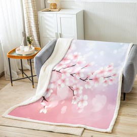 Manta de flores de cerezo rosa para sofá de cama, manta de forro polar de estilo japonés, lindas flores de sherpa, manta de ramas marrones, decoración de dormitorio para niñas y mujeres