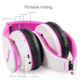 BESTGOT Auriculares Bluetooth BT6002 inalámbricos para niños y adultos para la escuela, plegables durante 18 horas para PC/teléfono/tabletas/TV (blanco/rosa)