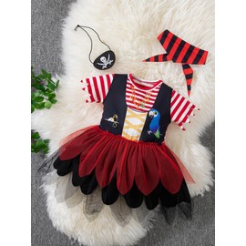 MOMMY'S NEW MAN Toddler Baby Girl Pirate Sea Buccaneer Tutu Dress And Head Scarf With Pirate eye mask (3-4Y,Red)