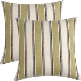 FSZhenZuan Pack of 2 Cotton Cushion Covers 45x45cm Decorative Green Striped Throw Pillow Covers Boho Soft Pillowcases with Invisible Zipper for Couch Bed Living Room Home Decor