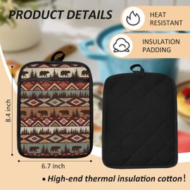 HUGANE Western Aztec Bear Oven Mitts Set, Camping Camper RV Gifts, Aztec Native Tribal Heat Resistant Kitchen Oven Gloves for Baking and Cooking,Pot Holders