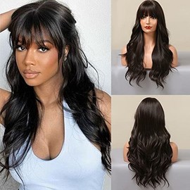 EMMOR Dark Brown Wigs for Women Long Curly Wigs With Bangs Water Wavy Synthetic Wig, Party Cosplay Daily Use